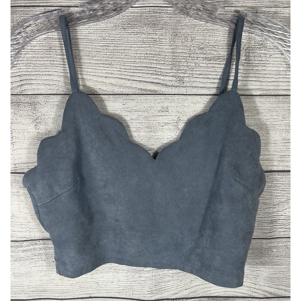 Iris Women's Blue Faux Suede Scallop Crop Top L Y2K